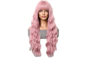 CGVG Perücke Damen Lange Lockige Rosa Perücke mit Pony Echthaar Perücke für Frauen Mädchen Alltagsleben Cosplay Party Konzert