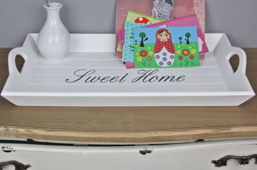 elbmöbel 52 x 35cm Holz-Tablett in weiß rechteckig, Sweet Home Aufdruck, Griffe und erhöhter Rand - 2