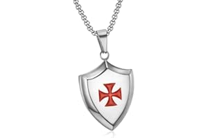 LE BAGACIER - Pendentif Collier Homme Templier Blason Bouclier Croix Pattée Rouge Acier Argenté Ordre du Temple