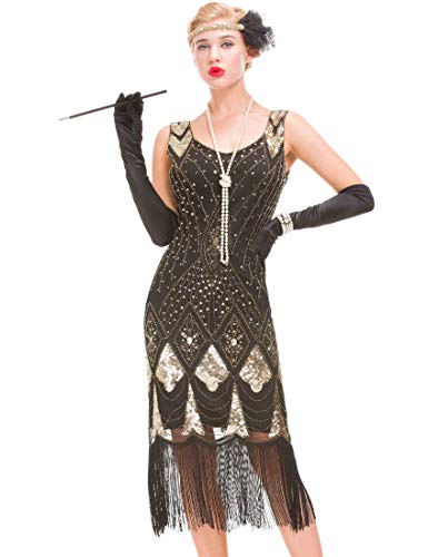 Robe Gatsby Inspirée Vintage - Robe Cocktail Flapper Années 1920 (Or Noir, XL(UK 16 / EU 44) Bust 40.2'')