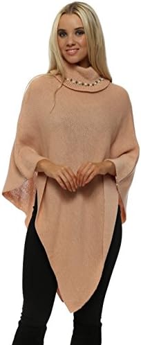 French Boutique Salmon Pink Pearl Embellished Polo Neck Poncho One Size Pink