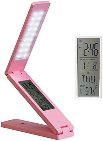 Reading Light, Led Table Lamp, Foldable USB Rechargeable Eye Protection Lamp, Dimmable Studio Lamp, Z Lamp with Digital Calendar, Alarm Clock, Children Temperature / Office / Bedside Table (Pink)