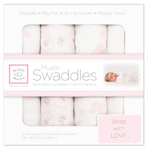 SwaddleDesigns X-Large Muslin Swaddle Blanket, Butterflies and Posies (Set of 4 in Pastel Pink)