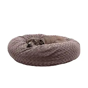 Furhaven Pet Donut Bed | Deep Dish Curly Fur Donut Pet Bed for Dogs & Cats, Cocoa Dust, Large