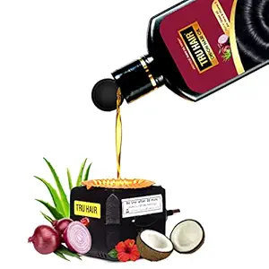 Tru Hair Onion Hair Oil with onion juice & Tea Tree Oil Extract for Hair Fall Control & Healthy Scalp | Free Heater to heat the Oil | Contains 0% Parabens, Silicones & LLPs - 110ml