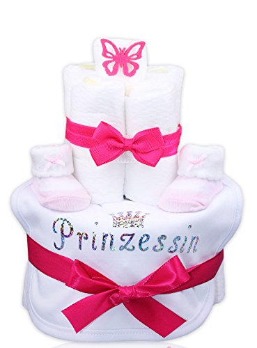 Preisvergleich Produktbild Babygeschenk WINDELTORTE Mädchen "Prinzessin Glitzerprint" Lätzchen + 1 x Babysocken +Haarband (pink)