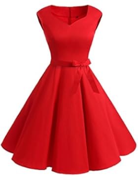 IVNIS Damen Vintage Rockabilly Semi Feste Gürtel Kleider Swing V Ausschnitt Kleid mit Taschen