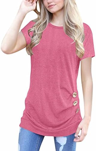HARRYSTORE Women Short Sleeve Loose Button Trim Blouse Solid Color Round Neck Tunic T-Shirt Tops