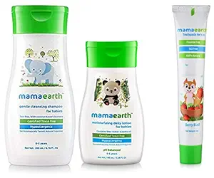 Mamaearth Gentle Cleansing Shampoo for Babies (200 ml) & Mamaearth Moisturizing Daily Lotion for Babies + Berry Blast Kids Toothpaste
