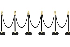 YUFANKAI Crowd Control Stanchion, Set with 5 ft/1.5 m Red Velvet Rope,Stanchion Rope Divider, Black Gold Queue Barrier Line Divider with Fillable Plastic Base, Airport(6)
