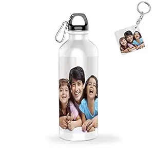 K1Gifts Aluminium Your Photo Personalised Printed Sports Sipper Water Bottle with Photo and Name Customized with Wooden Keychain (White, 600ML) , Set of 1