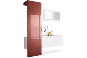 Vladon Carlton Hallway Set 4, Set di contenitori per corridoi con 1 pannello appendiabiti, 1 mobile e 1 specchio a parete, bianco opaco/bordeaux lucido (156 x 193 x 35 cm)