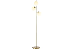 HOMCOM Lampadaire sur pied salon en métal doré avec 3 abat-jours globe blanc verre dépoli - 40W - Ø 27 x 169 cm doré