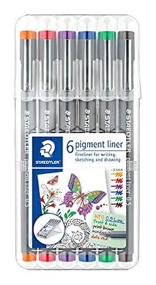 Staedtler Pigment Liner Colour, Feutres fins à encre colorée pigmentée infalsifiable pour écrire et dessiner, Pointe fine de 0.5 mm, Étui chevalet avec 6 couleurs basiques, 30805-SSB6