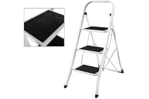 BRIEFNESS Portable Folding Stepladder, 3 Tread, Compact Ladder with Safety Hand Rail, 150kg Load Capacity, Extra Large Steps, Non-Slip Moulded Rubber Ferrules, Ideal for Home/Kitchen/Garage