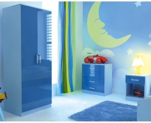 3 Piece Blue High Gloss Two Tone Bedroom Set | Wardrobe | Chest Of Drawers | Bedside Cabinet