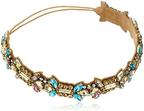 Deepa Gurnani Hand Embroidered Luxe Collection Swarovski Crystals, Cluster design on Gold/Turquoise/Rainbow Elasticated Headband