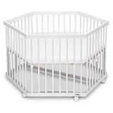 FabiMax 6-eck Laufgitter, Buche, weiß lackiert, optional mit Matratze und Bettlaken - 2