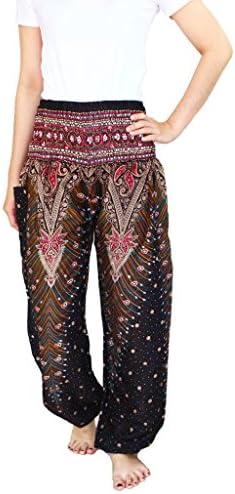 YAOWALUCK Harem Trousers - Aladdin Hippie Pants Yoga For Women &amp; Ladies (L, Peacock Black/Red)