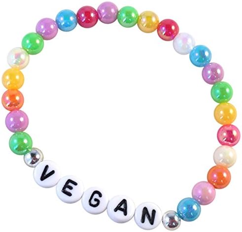 Vilda JewelleryVEGAN Pastel Bead Bracelet, 6mm Acrylic Multi-Colour Beads on Elastic : Size S/M 7 inches, Vegan Awareness Jewellery, Vegetarian Gift for Women