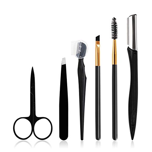 NOVPEAK Eyebrow Grooming Set, 2Pcs Razors Set+ 2Pcs Brushes Set, Curved Stainless Steel Scissors, Professional Slant Tip Tweezer Eyebrow Kit for Men and Women