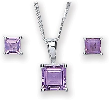 MiChic Silver Amethyst Square Pendant and Earring Set with 46 cm Chain