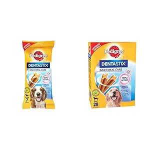 Pedigree Dentastix Medium Breed (10-25 kg) Oral Care Dog Treat (Chew Sticks) (7 Sticks) 180g Weekly and Dentastix Large Breed (25 kg+) Oral Care Dog Treat (Chew Sticks) (28 Sticks) 1.08kg