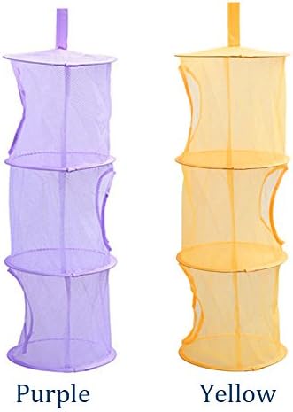 Sunblue 2Pcs Foldable Storage Net, Hanging Mesh Storage Basket Bra Underwear Socks 3 Shelf Tier Semi-closed Organizer for Kids Toys Games (Purple and Yellow)