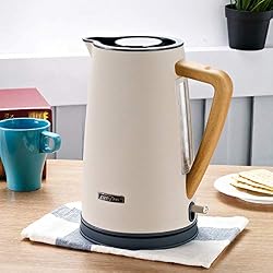 AWJ Bouilloire électrique en acier inoxydable 1800W avec poignée en plastique en bois Bouilloire électrique en acier inoxydable 1.7L # 304 en 5 minutes,Ménage,Blanc