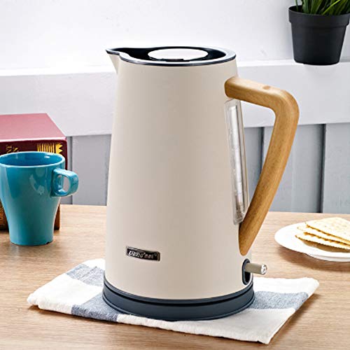 AWJ Bouilloire électrique en acier inoxydable 1800W avec poignée en plastique en bois Bouilloire électrique en acier inoxydable 1.7L # 304 en 5 minutes,Ménage,Blanc
