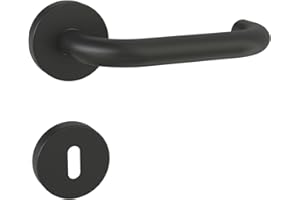 KeZaara Maniglie per Porta Interne Nero, Maniglia per Porta in Acciaio Inox con Rosetta Arrotondata Ø 52 mm| BB-Rosette Foro Cilindro| per Porte di Stanze da 2 cm a 5,5 cm| Arco Circolare