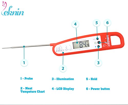 Digital Küchenthermometer Haushaltsthermometer – Leknin Einkochthermometer mit LCD Display und Magnethalter, sofort lesen, lange Sonde, ideale für Braten, Kochen, Grillen/BBQ, Backen, Baby-Ernährung (Rot) - 2