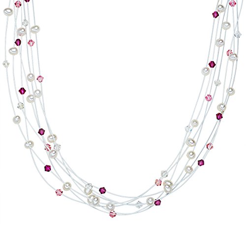 Valero Pearls Classic Collection Damen-Kette Hochwertige Swasser-Zuchtperlen in ca.  6 mm Oval wei 925 Sterling Silber   Swarovski Elements ros / pink / wei 43 cm + 5 cm Verlngerung   400531