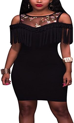 Vepodrau Women Mesh Patchwork Sheer Floral Cold Shoulder Tassels Bodycon Dress Black XS