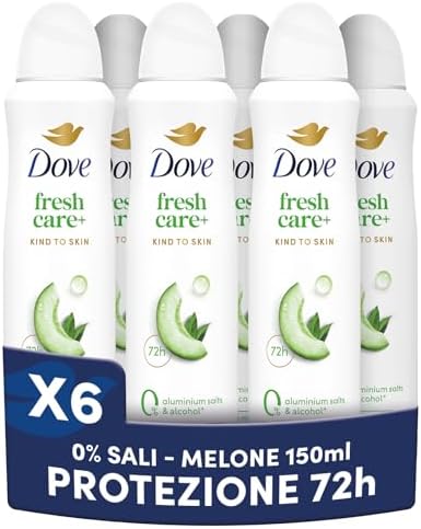 Dove Deodorante Spray Advanced Care 0% Sali Melon Fresh, Deodorante 72 Ore Protezione Sudore e Odori, con Zinco Antibatterico, 0 Sali di Alluminio, 6 Pezzi da 150ml