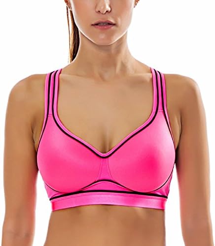SYROKAN Women's Med Impact Non-wired Padded Contour Cross Back Workout Sports Bra Hot Pink 36 D