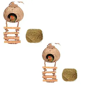 Tfwadmx 4 Pcs Coconut Hide with Ladder, Natural Coconut Fiber Hanging Birdhouse Cage, Coconut Bird Shell Breeding Nest for Parrot Parakeet Lovebird Finch Canary