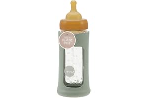 HEVEA Plastic-Free Wide Neck Glass Baby Bottle with Sleeve - Medium Flow Anti Colic Baby Bottles 3-24 months - Eco-friendly, BPA-free, Single-pack (250 ML)