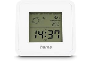 Hama Thermometer Hygrometer, digital (für Innen, Anzeige von Uhrzeit, Temperatur, Luftfeuchtigkeit, Raumklima und Wettervorhersage, mit Weckfunktion, Schlummerfunktion, zum Aufstellen) weiß