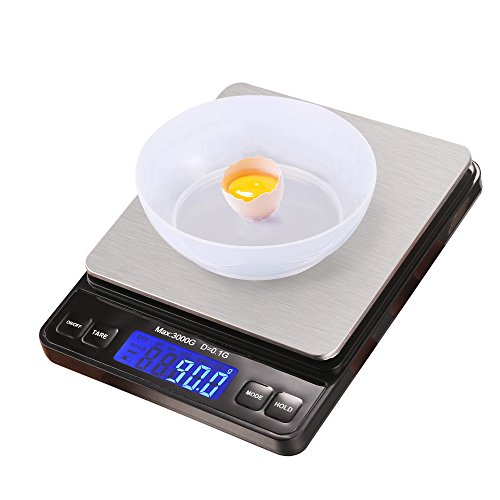 Homdox Digitale Küchenwaage, Briefwaage, Feinwaage, Hohe Präzision auf bis zu 0,1g (3kg Maximalgewicht), Tara-Funktion, LCD Display, Mini Electronische Multifunktionale Waage Edelstahl Silber