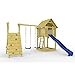 Produktbild HOQ 7289 - Spielturm Jonas All Inclusive mit Doppelschaukel, Kletterbock, Rutschbahn, Kletterwand und Sandkasten. XXL Zubehör Paket mit 2 Schaukelsitzen, 4 Schaukelhaken, 8 Bodenanker, 1 Paar Haltegriffen, Fernrohr und 10 Klettersteinen. Massive Bauweise: 140 x 140 cm Plattform, 9 x 9 cm Standpfosten, Holzdach, 9 x 9 cm Unterzüge, 10 cm Schaukelbalken Durchmesser, etc. (Blau)