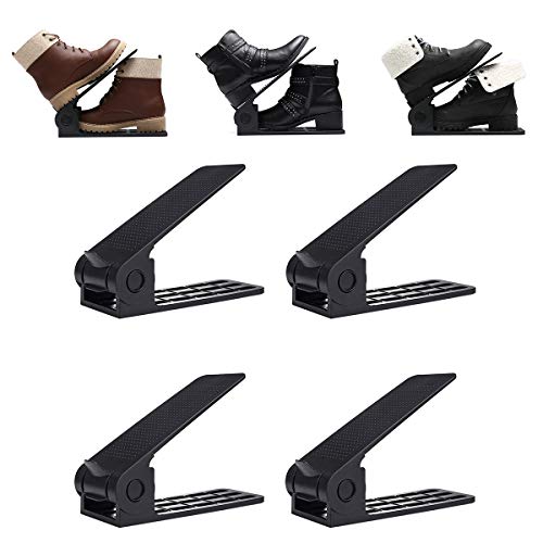 GEMITTO 4 pièces Support à Chaussures Réglables, très Bonne qualité Organisateur de Chaussures Anti à glissière ABS Plastique Couche Double Étagère de Stockage Noir