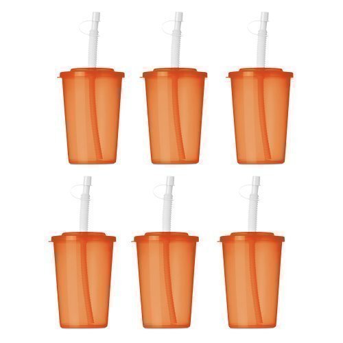 Packung mit 6 SMOOTHIE TUMBLER & STROH für Saft und GEFRORENES KAFFEE - 450ML Plastikbecher (6 x transluzent) (lichtdurchlässig Orange)