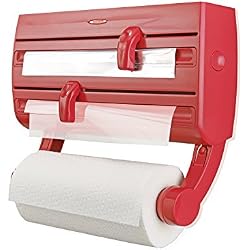 Leifheit Dérouleur mural Parat F2 ComfortLine, porte sopalin pour 3 rouleaux & épices, support de rangement cuisine avec lames tranchantes, rouge