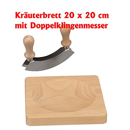 Kräuterbrett mit Wiegemesser, Buchenholz Wiegebrett mit Doppelklingen Wiegemesser 20 x 20 x 2,5 cm (LxBxH)