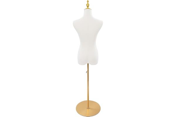 Skräddardocka dam, Torso, vit, guld, 71–121 cm, justerbar klädställ, bröllopsklänning, displaystativ, skyltdocka, brudklänning, presentation
