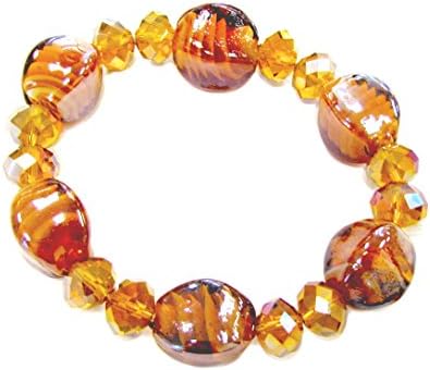 Linpeng LP06292012-3A Lampwork Glass Beads with Faceted Crystal Stretch Bracelet, Amber Candy