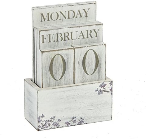 Vintage Style Rustic Floral White Perpetual Calendar Block In Box