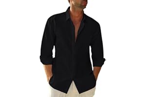 Friptspyg Hommes Chemise Lin Coton Manches Longues Bouton Bas Coupe Regular Casual Chemise de Plage Regular Fit Chemises L'été avec Poche