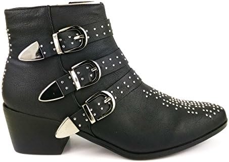 SoulShoes Womens Triple Buckle Studded Western Mid Block Heel Cowboy Ankle Boots (UK 5, Black)